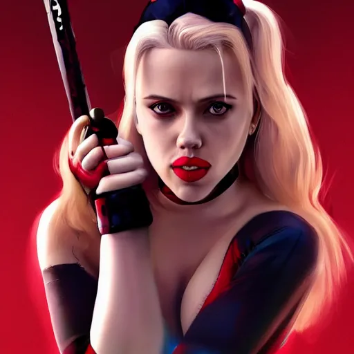 Image similar to Scarlett Johansson as Harley Quinn, holding bat, digital, artstation, cgsociety, 4k, high detail