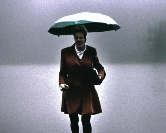 Image similar to margaret thatcher covered in rain wearing bikini, atmospheric moody hyper realistic award winning color cinematic still 8 k
