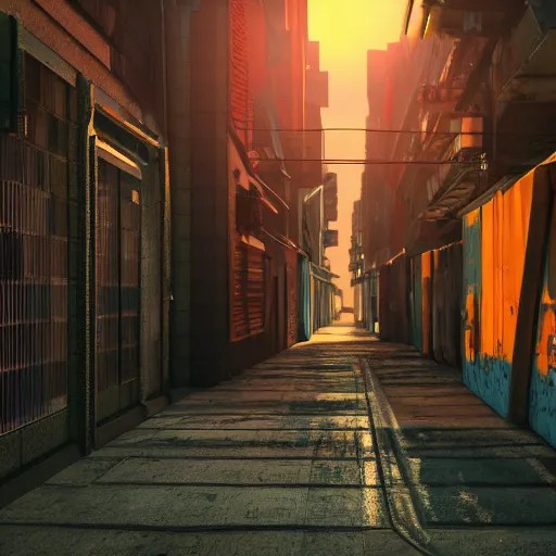 Image similar to ultradetailed 8 k hd octane render of a cyberpunk alleyway at sunset