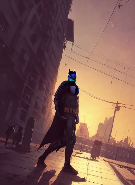 Image similar to Highly detailed full-body portrait of homeless Batman, in GTA V, Stephen Bliss, unreal engine, fantasy art by Greg Rutkowski, Loish, Rhads, Makoto Shinkai and Lois van baarle, ilya kuvshinov, rossdraws global illumination, radiant light, detailed and intricate environment