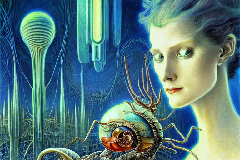 Prompt: realistic extremely detailed portrait closeup painting of a ghost woman with a beetle, futuristic sci-fi city on background by Jean Delville, Amano, Yves Tanguy, Alphonse Mucha, Ernst Haeckel, Edward Robert Hughes, Roger Dean, rich moody colours, blue eyes