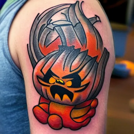 Prompt: cartoon tattoo of an angry pumpkin with glowing eyes and a light gray background on shoulder