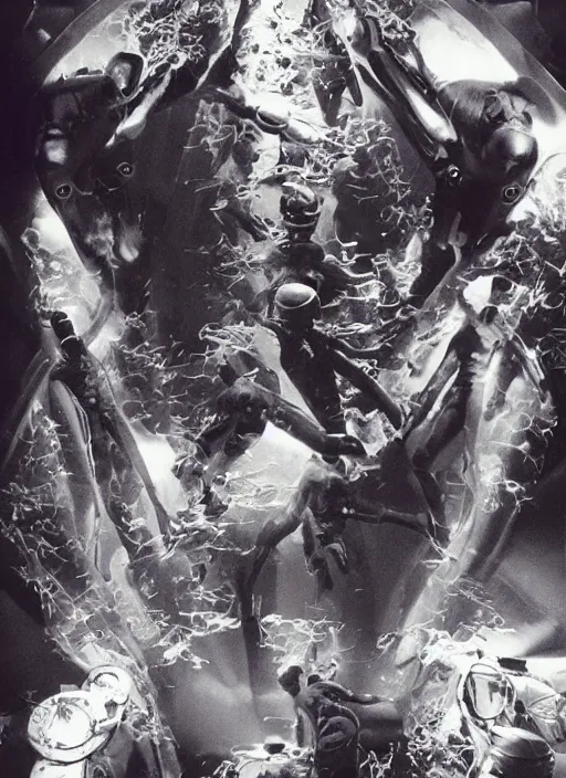 Image similar to astronauts divers in dark void underwater - complex and hyperdetailed technical suit design. reflection and dispersion materials. rays and dispersion of light. volumetric light. f / 3 2. noise film photo. flash photography. ultra realistic, 5 0 mm. poster by wayne barlowe, hajime sorayama aaron horkey, craig mullins