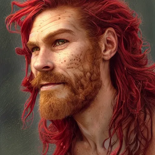 Prompt: portrait of a young ruggedly handsome but joyful pirate, faint freckles, male, masculine, upper body, red crimson crimson deep red hair, long long flowing hair, fantasy, proud smirk, intricate, elegant, highly detailed, digital painting, artstation, concept art, matte, sharp focus, illustration, art by artgerm and greg rutkowski and alphonse mucha