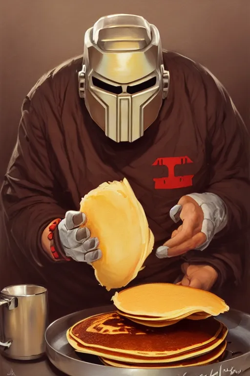 Image similar to mf doom as cooking pancakes animation pixar style, shaded lighting poster by magali villeneuve, artgerm, jeremy lipkin and michael garmash, rob rey and kentaro miura style, trending on art station