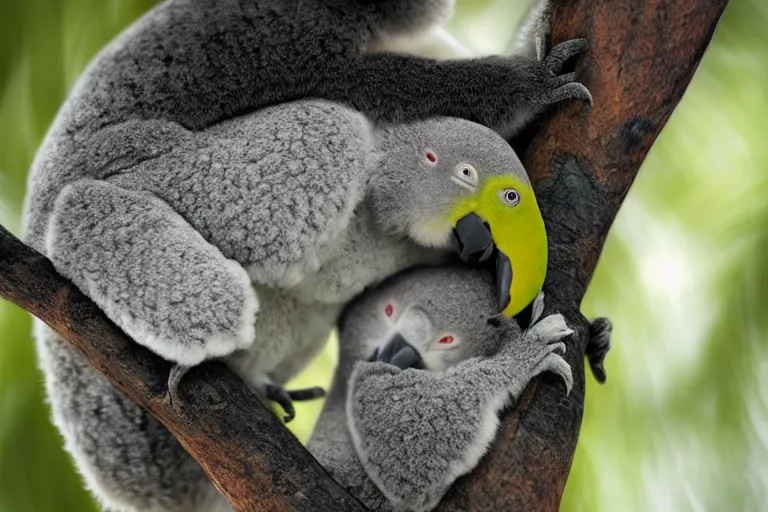 Prompt: award winning nature photograph of a parrot's beak on a cuddly koala in a tree. the koala is eating a eucalyptus leaf. focus on the beak. extreme detail, hyperrealistic photo, smooth, trending on artstation