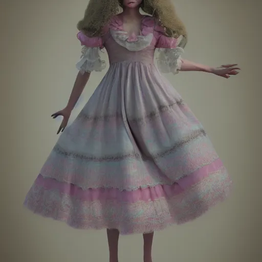 Image similar to 8 k, octane render, realism, tonalism, renaissance, rococo, baroque, cotton candy, portrait of a creepy young lady wearing long 1 9 7 0 s babydoll dress with flowers and skulls