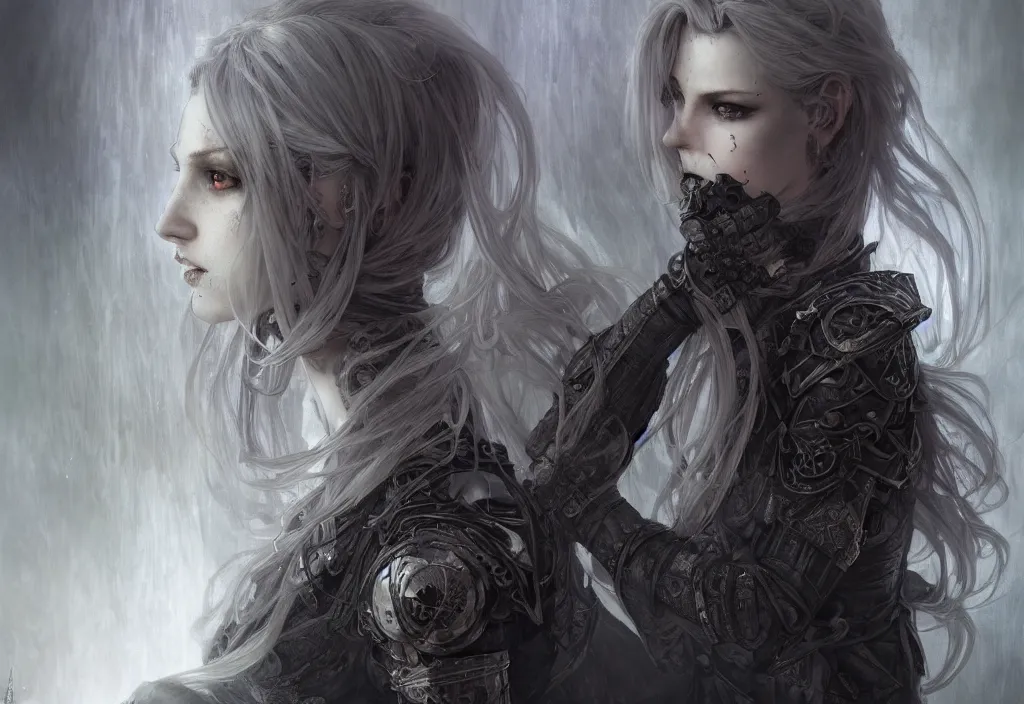 Image similar to beautiful and gothic and evil and dieselpunk young medieval light grey hair female knight + smoky eyes + front face with light flowing hair, ultradetail face, art and illustration by tian zi and craig mullins and wlop and alphonse mucha, fantasy, intricate complexity, human structure, human anatomy, fantasy character concept, watermark, blurry, hyperrealism 8 k