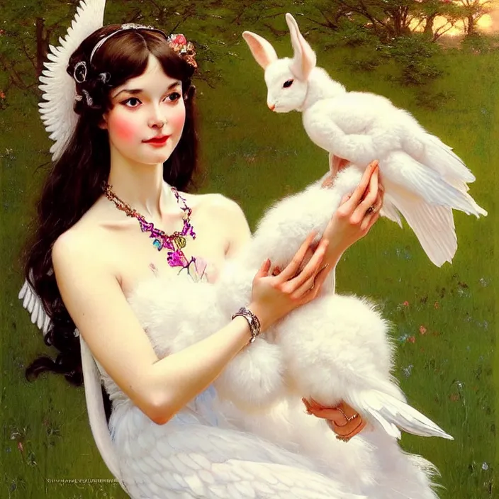 Prompt: Portrait of a cute elegant woman with angelic white wings on her back, holding a rabbit, luxurious neckless, beautiful long white dress, sunset, warm spring, detailed face, fantasy, anime, vibrant, colorful, intricate details, trending on ArtStation, Deviantart, by WLOP, james gurney, norman rockwell