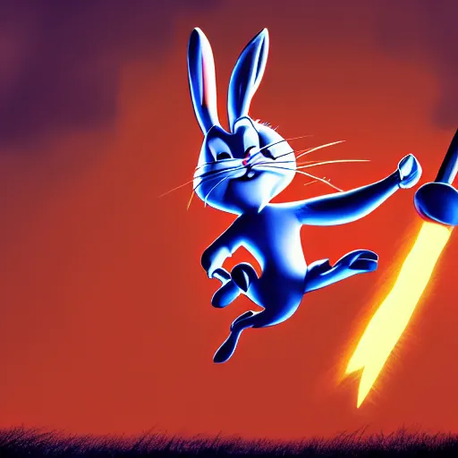 Image similar to Bugs Bunny swinging a mallet, 4k, trending on artstation, dramatic lightning, highly detailed, cinematic, illustration,