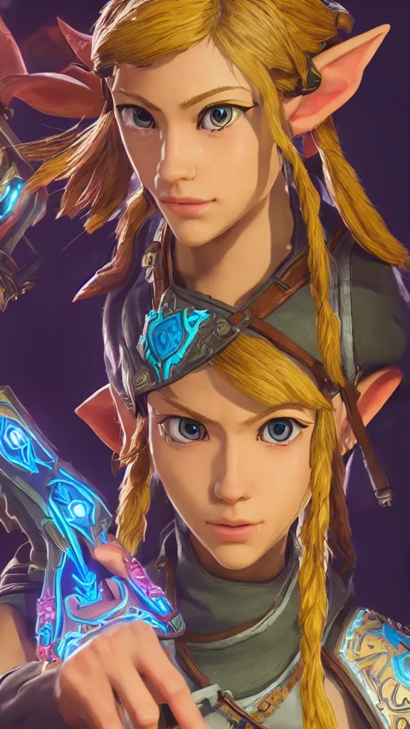 Image similar to BotW Zelda, Artstation HQ, photorealistic, hiperrealistic, sharp focus, 4k UHD, Unreal Engine 5, cell shading, close up, studio lightning, brught tones, high contrast, masterpiece, sharp focus