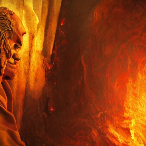 Image similar to biden in dante's inferno painting, dark beauty, rotten gold, closeup faces, extremely detailed, cinema 4 d, unreal engine.