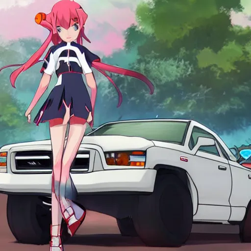 Image similar to zero two from darling in the franxx driving a dodge ram