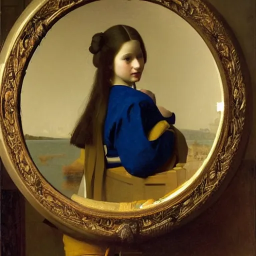 Image similar to a beautiful girl sees her reflection in a mirror : : highly detailed, beautifully lit, oil painting portrait by vermeer and bouguereau and waterhouse