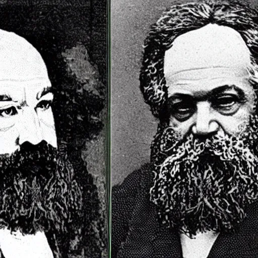 Prompt: Karl Marx pondering his orb next to Karl Marx pondering his orb