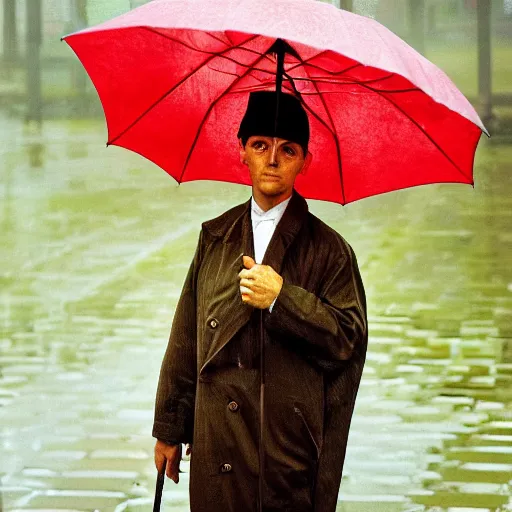 Prompt: Portrait of a British man holding an umbrella, facial asymmetry, striking features, tack sharp, rainy weather, fine-art photography, 180mm f/1.8, by Steve McCurry