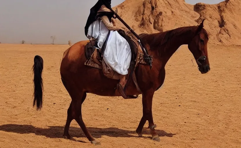 Prompt: beautiful burqa's woman, riding a horse!!! in saharan, sharp eyes, handling riffle on chest, shooting pose, perfect posture, dust, cinematic, dynamic pose, pinterest, center of interest