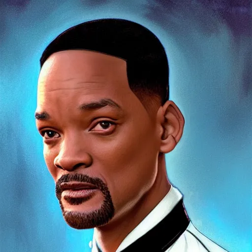 Image similar to will smith wearing a tuxedo, portrait, highly detailed, digital painting, artstation, concept art, sharp focus, illustration, art by artgerm and greg rutkowski and alphonse mucha