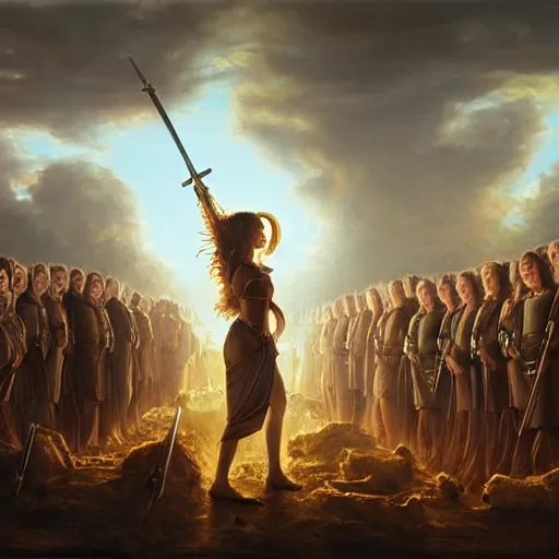 Image similar to the goddesses fraya going to war with her army, oil painting, golden hour, 8 k uhd, high detail, awe - inspiring.