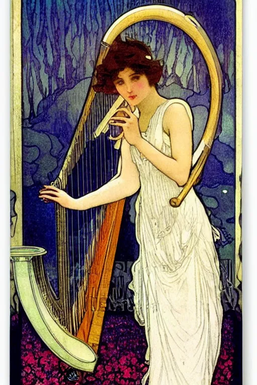 Prompt: beautiful mystical digital painting girl playing a harp wearing a long white dress over a wavy ocean by mucha tarot card vivid