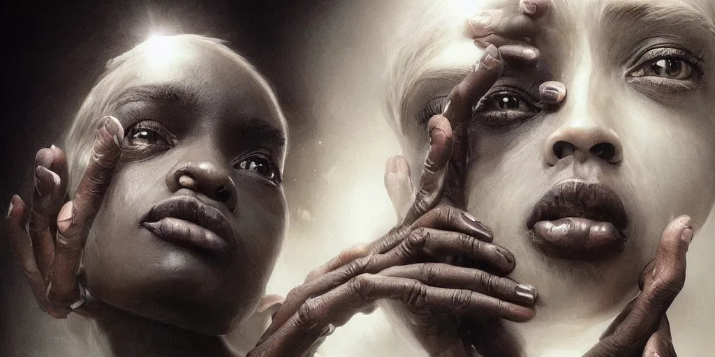 Image similar to black skin, many hands, gnarled fingers, intense black eyes, intense white hair, many mouths, just hands and eyes and mouths, intense lighting, light beams, lens flare, intricate, elegant, highly detailed, digital painting, artstation, concept art, smooth, sharp focus, illustration, art by artgerm and greg rutkowski and alphonse mucha