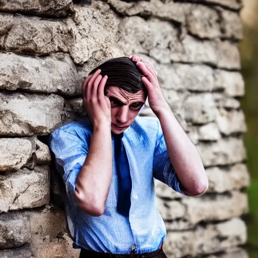 Image similar to Portrait of a terrified young man on the verge of tears in 1930s attire with long hair cornered against a stone wall. He is looking utterly panicked and distressed. 4K sigma 85mm