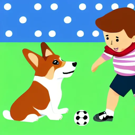 Prompt: illustration of french boy playing football with a corgi who is wearing a polka dot scarf