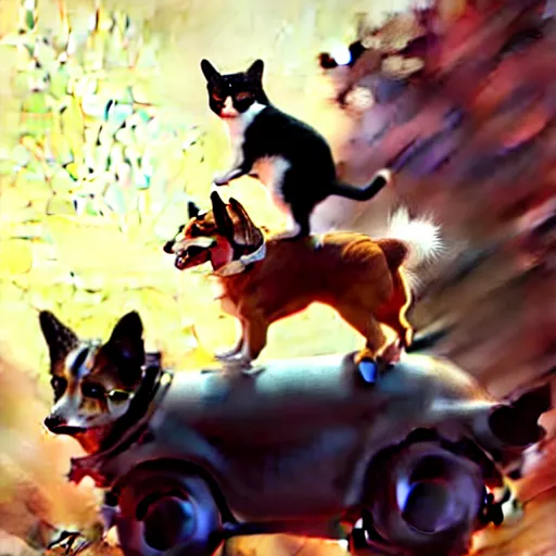 Image similar to tiny cat girl riding on the back of a giant corgi by greg rutkowski