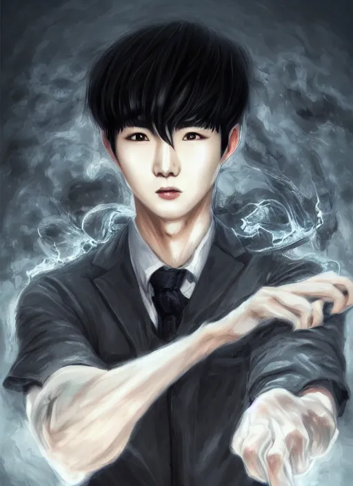 Prompt: a highly detailed illustration of attractive korean man with bowl cut black hair wearing shirt and tie with giant black mist claws, wielding giant black mist claws pose, tired expression, foggy black mist surrounding background, intricate, elegant, highly detailed, centered, digital painting, artstation, concept art, smooth, sharp focus, league of legends concept art, wlop.