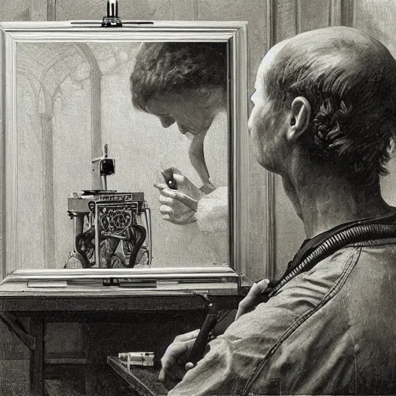 Image similar to robot artist painting a self - portrait on a canvas. intricate, highly detailed, photorealistic, film still, by hans thoma.