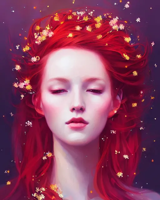 Prompt: red-haired spring goddess portrait, radiant light, flowers and glitter, by wlop and artgerm, alena aenami, peter mohrbacher