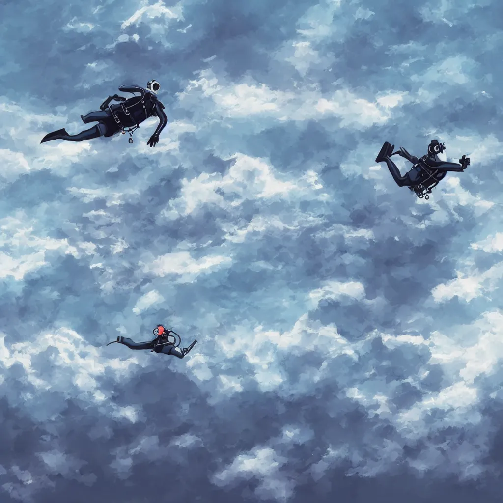 Image similar to a scubadiver floating above the clouds, digital illustration