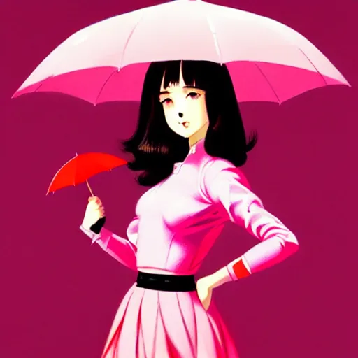 Prompt: a portrait of a girl holding a pink pinky red umbrella, confident pose, pinky red colors, genshin impact, intricate, illustration, highly detailed, concept art, matte, trending on artstation, by greg rutkowski, gil elvgren, earl moran, sharp focus, anime art, pinky red color scheme, art station, by ilya kuvshinov h 6 4 0