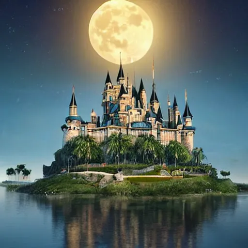 Prompt: the disney castle surrounded by giant palm trees on a giant floating island in the sky at night, a huge moon above the island illuminates the sky, cinematic, digital art by erik johansson, 8 k resolution, hyper detailed, hyper realistic, sharp focus, unreal engine 5