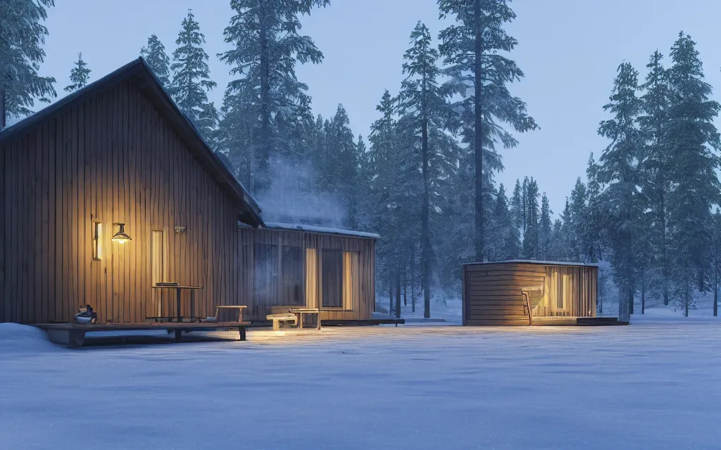 Prompt: finnish sauna exterior architectural visualization, sauna, large windows, winter scene, cozy, corona render, rendered in vray, evening light, sunset, lakeside, depth of field, mountainous landscape, pine forest, evermotion, ronen bekerman, contest winner, archviz, peter guthrie, ultradetailed, photorealistic, photoreal, mir, bertrand benoit