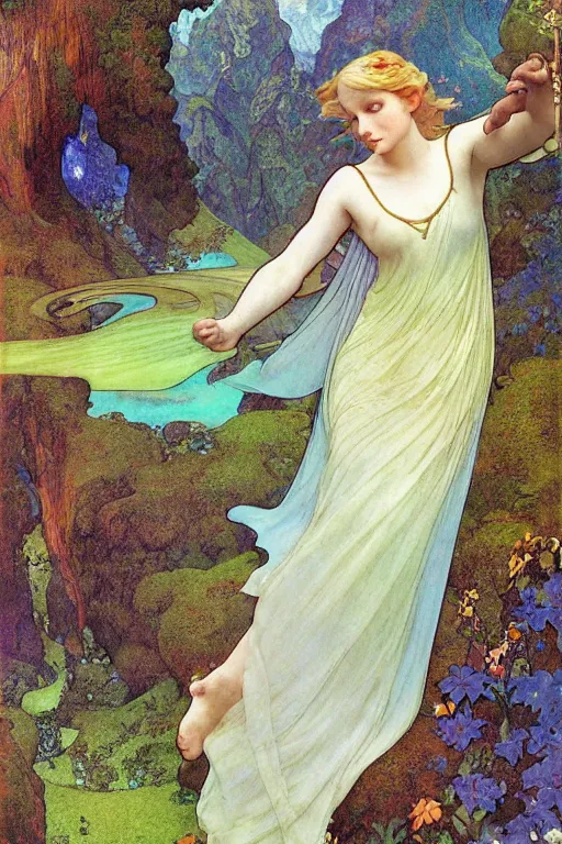 Image similar to a beautiful fairy wearing a silk gown, in a lord of the rings scenery landscape, rainbowshift, by maxfield parrish, alphonse mucha, brian froud, artgerm