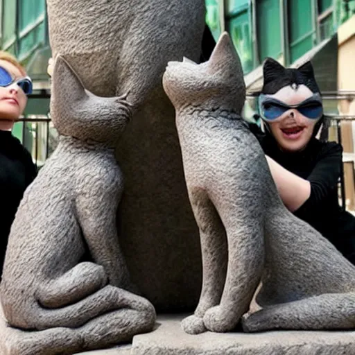 Image similar to a group of cats worshipping a statue of catwoman