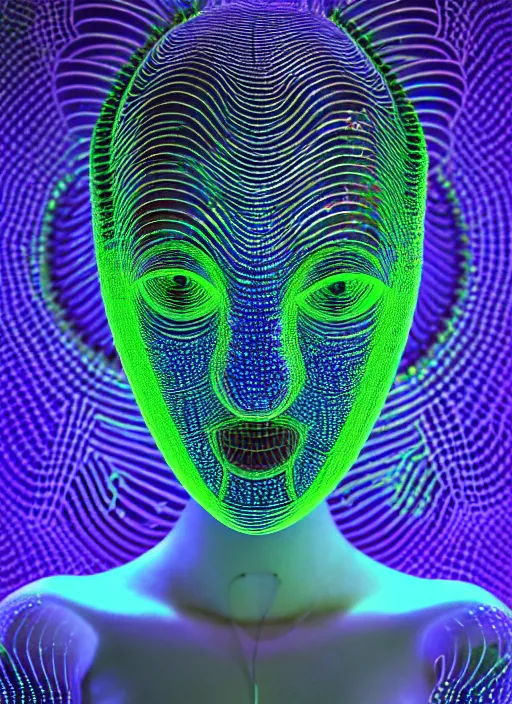 Image similar to 3 d goddess medium shot profile portrait. beautiful intricate highly detailed mask made entirely of bubbles and futuristic iridescent skin. dragonfly, 🪲, phosphorescence, water, reflections, creature, artwork by yayoi kusama, tooth wu and wlop and beeple and greg rutkowski, in the style of hudson river school,