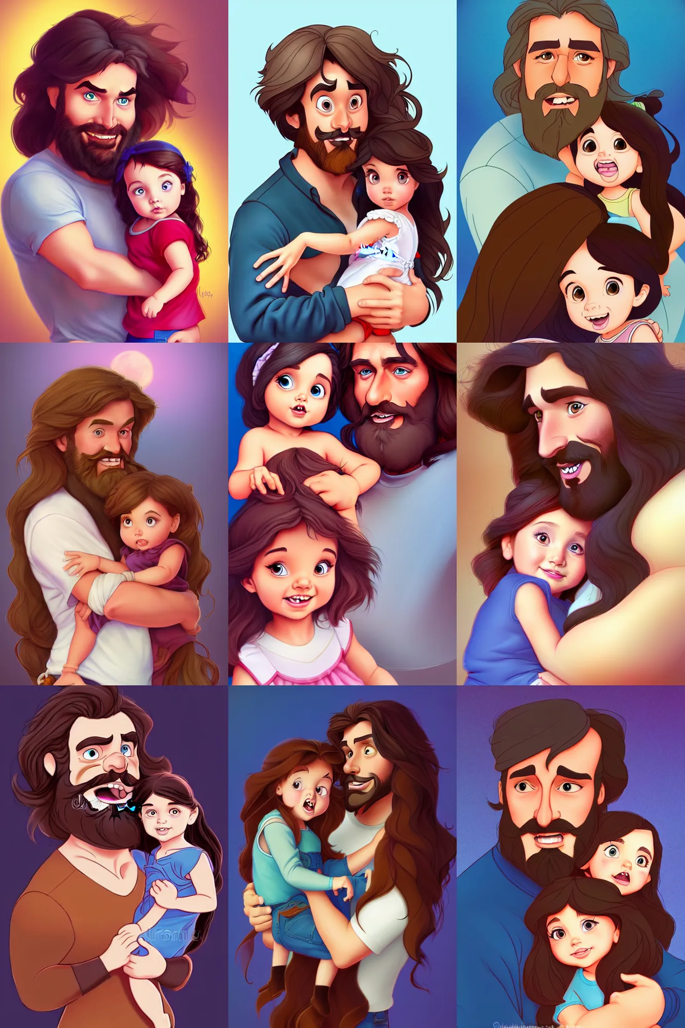 Image similar to a long - haired bearded father and his brunette child toddler girl full color digital illustration in the style of don bluth, artgerm, artstation trending, 4 k