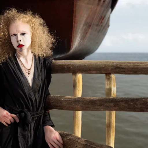 Image similar to a woman looking sick and leaning over the railing of a ship, a beautiful english woman with a long face narrow nose pale skin blue eyes red lips and wild messy tangles of curly white blonde hair, high resolution film still wearing a black robe and skull necklace and holding a spear, sandy, a journey to the west