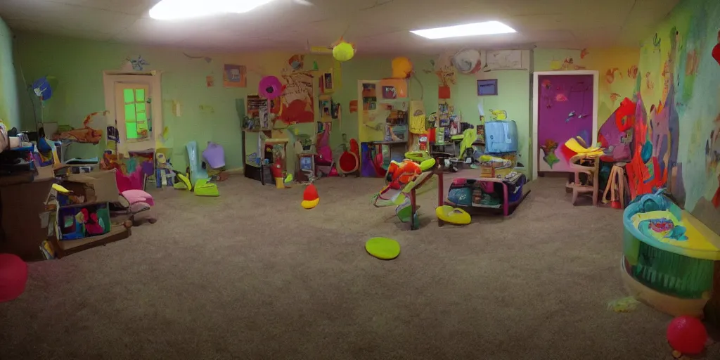 Image similar to a weird place, house, playground, office, pool, interior, room with eerie feeling, disposable colored camera, camera flash, unusual place, unsettling, kids place