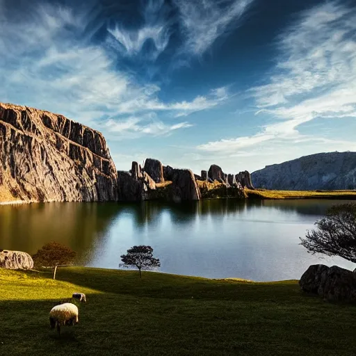 Prompt: a beautiful landscape with a lake and a big monolith, sheep grazing, fractal rock formations, cinematic light, late afternoon, long shadows,