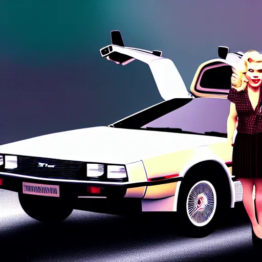 Image similar to portrait of marty mcfly and marilyn monroe next to a delorean dmc - 1 2, digital art, artstation, high detail, 4 k, sharp focus