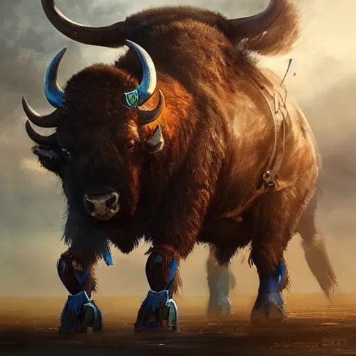 Image similar to self portrait of a robot buffalo with blue, white and red body armor, digital art, realistic, ultradetailed, concept art, art by greg rutkowski, trending on artstation, devianart, cgsociety