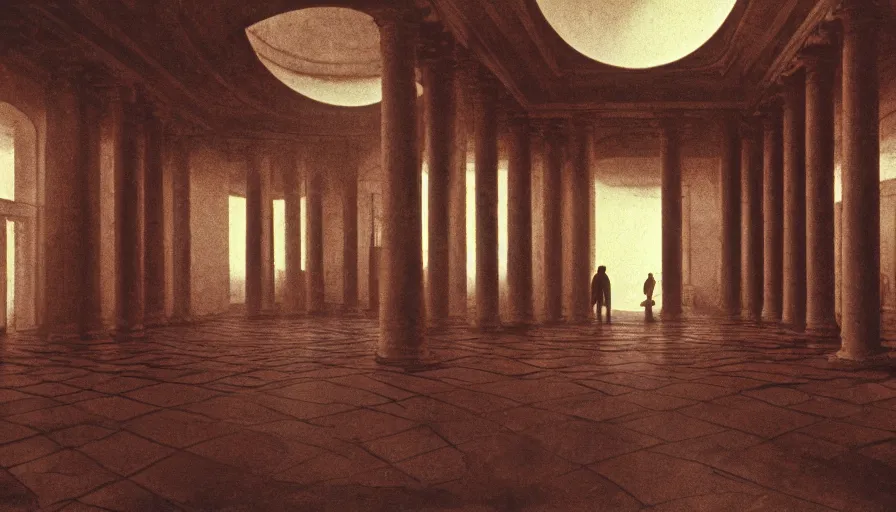 Prompt: 1 9 7 0 s andrei tarkovsky movie still of a man in red drapery in a spherical building with columns and esoterical pyramids, by piranesi, panoramic, ultra wide lens, cinematic light, anamorphic