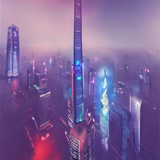 Prompt: cyberpunk shanghai lujiazui in the night seen from below, cityscape, mist, rain, artstation, greg rutkowski, hq