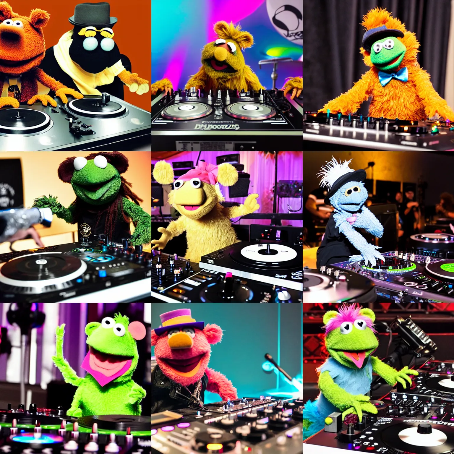 Prompt: photoreal muppet fozzy bear DJing with DJ turntables