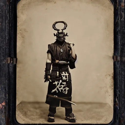 Image similar to tintype photographs of dieselpunk samurai, psycho oni, ninja demons