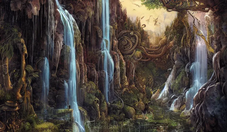 Image similar to innovative waterfall the ancient gods fantasycore landscape, Precise and Intricate Linework, Art Nouveau Cosmic 4k Detailed Matte Illustration trending on Flickr ,CGSociety, Crimson and Ecru color scheme, Pastiche by Albrecht Dürer, Pastiche by Don Maitz