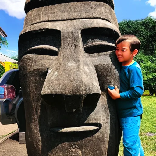 Prompt: a kid looking very dissapointed that his birthday present was a very large moai statue | iphone photograph